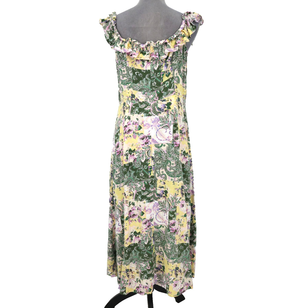 Loft Dress Womens Medium Green Yellow Floral Cotton Rayon Back Zip Ruffle Trim - Picture 2 of 13